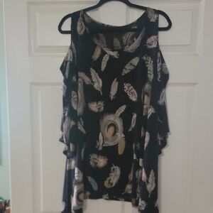 Women’s Black Feather-Print Cold Shoulder Blouse